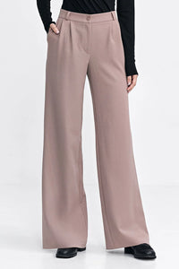 Pantalon femme long coupe ample haute taille large beige rosé fermeture éclair poches latérales polyester