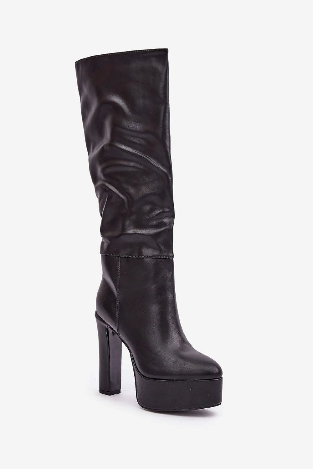 Bottes cuissardes en cuir noir lisse chic talon carré élégant mode moderne pour femmes tendance
