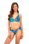 Ensemble bikini femmes triangle V profond culotte ajustable imprimé animalier bleu noir polyester élasthanne plage piscine