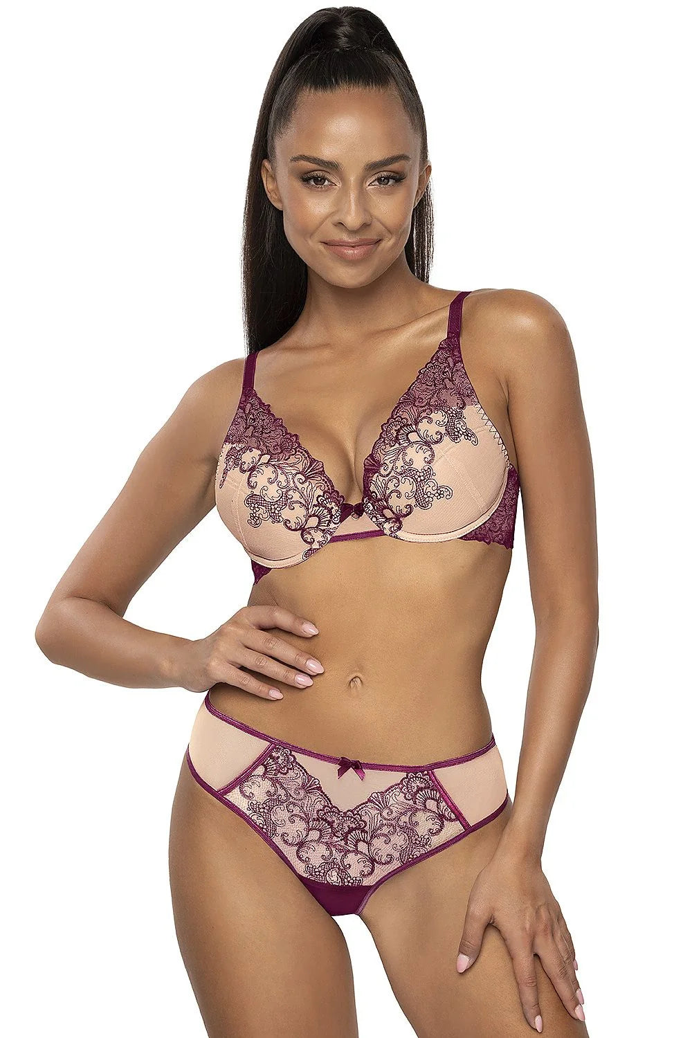 Soutien-gorge push-up maille beige dentelle bordeaux baleines bride ajustable féminin élégant