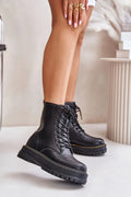 Bottes femmes cuir écologique fermeture éclair lacet plateforme intérieur chauffant talon renforcé style militaire
