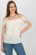 chemisier bohème femme encolure espagnole bardot épaules dénudées dentelle crochetée motif floral franges perlées longues coton polyester fluide