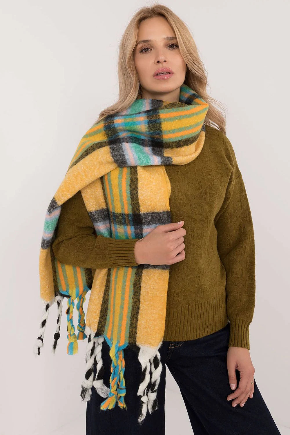 écharpe femme carreaux multicolore polyester doux moelleux volumineux oversize long rectangulaire franges torsadées chaud automne hiver