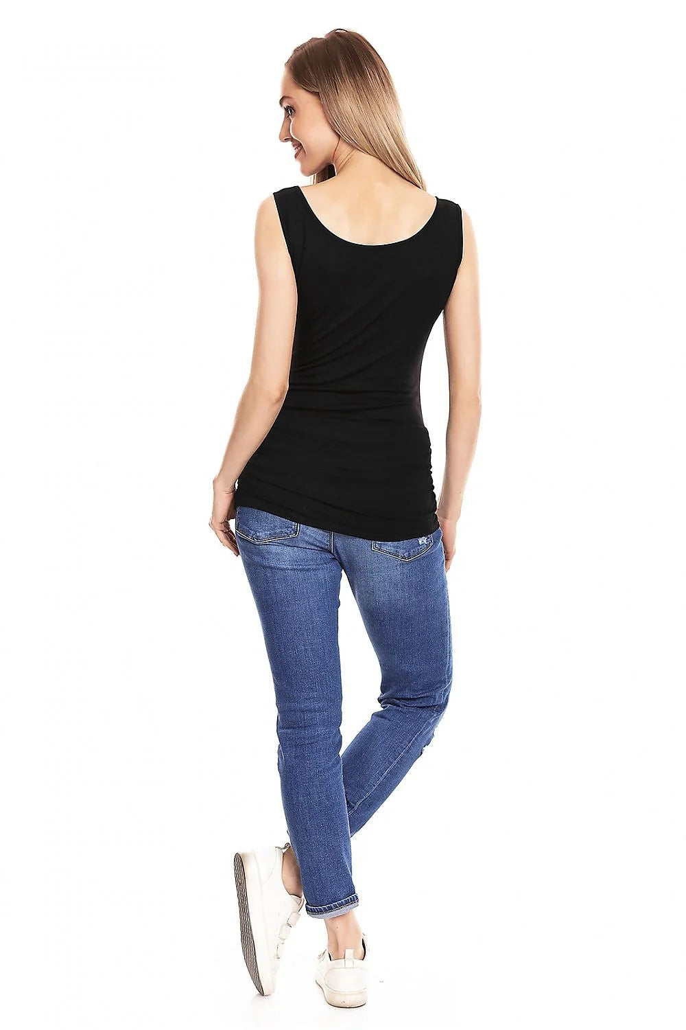 Top de maternité sans manches Pee Ka Boo, style moderne minimaliste, tissu extensible, confort maximal, coupe ajustée, couleur noire, idéal pour la grossesse et après