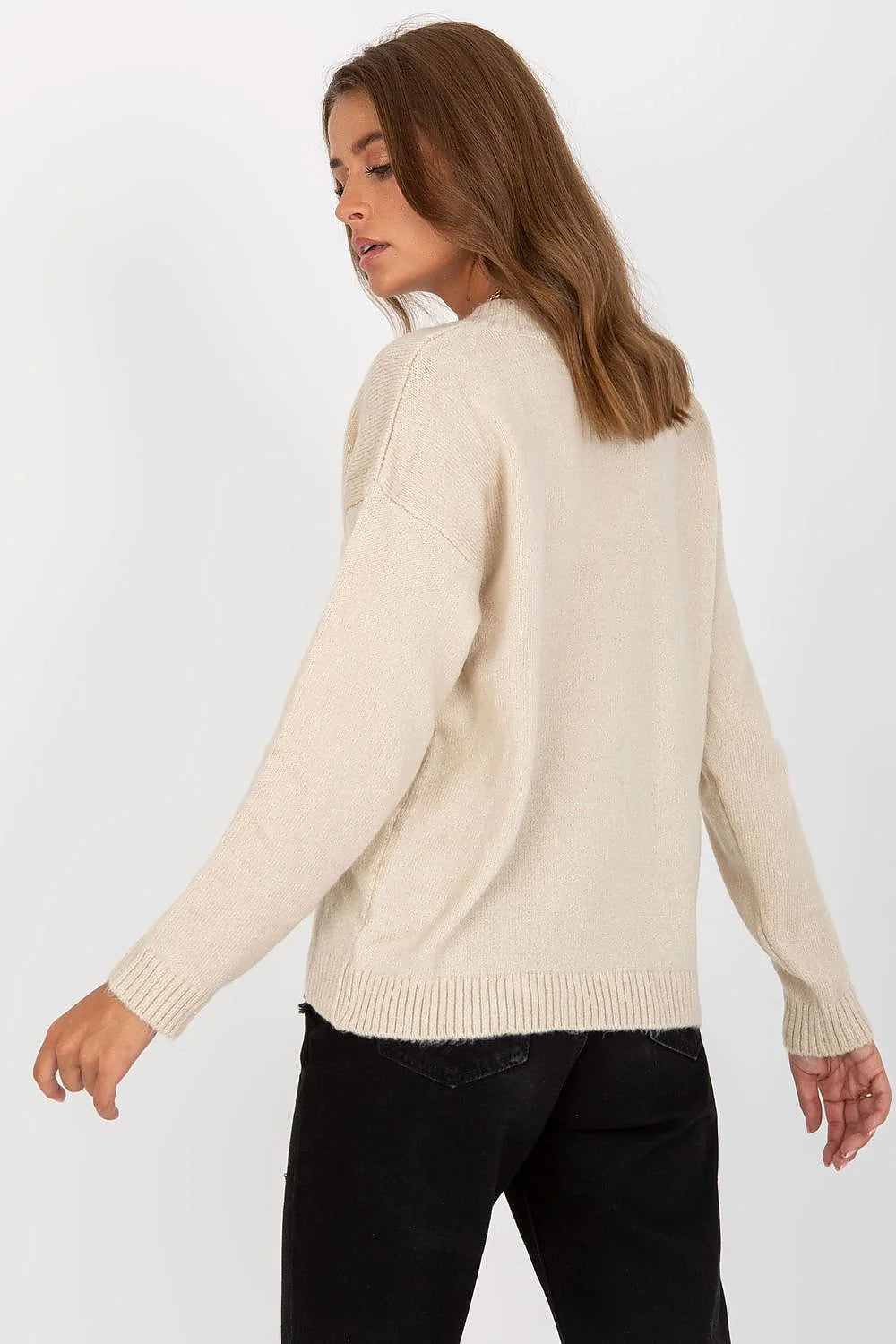 pull femme Rue Paris manches longues colV tricot côtelé élasthanne acrylique polyester oversize ample décontractée bordcôtes moelleuse blanc uni intemporel