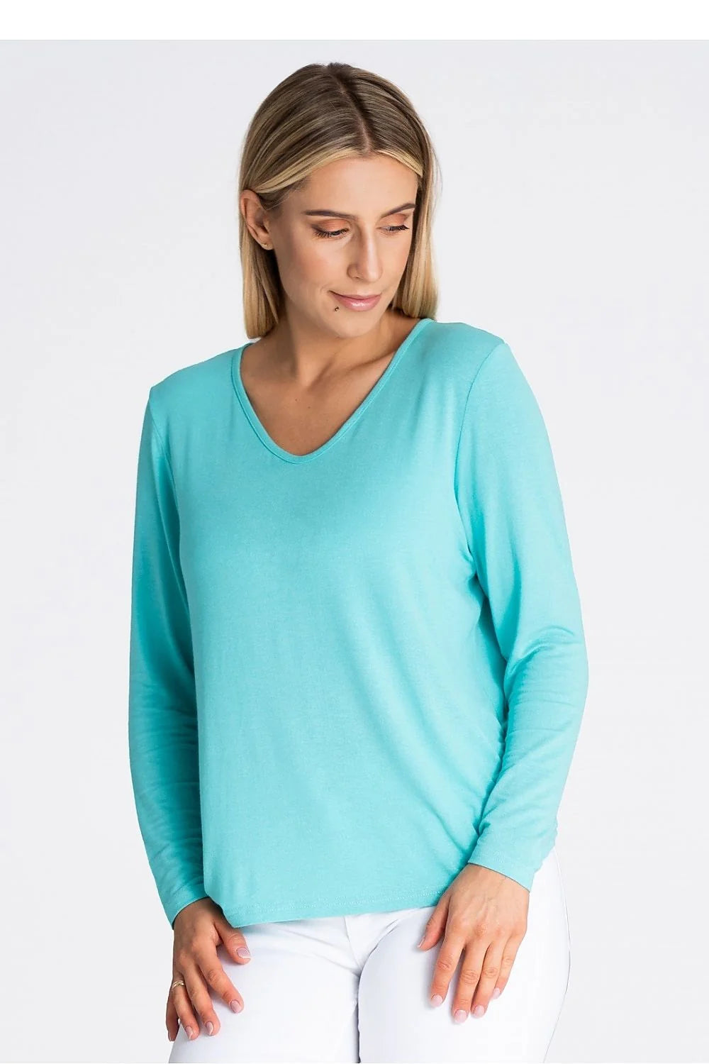 chemisier femme coupe décontractée légèrement ample manches longues colV viscose élasthanne doux soyeux respirant bleu pastel polyvalent élégant confortable entretien