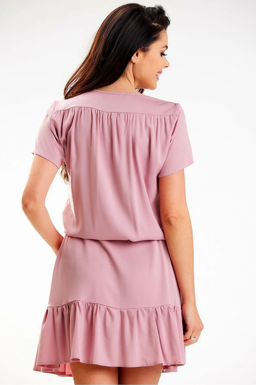 Robe décontractée élégante pour femme en mousseline rose pâle manches courtes col V ceinture ajustable été printemps