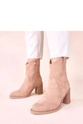 bottines cheville femme suédine écologique beige talon carré stable bout arrondi empiècements cousus fermeture éclair latérale semelle souple confort polyvalent