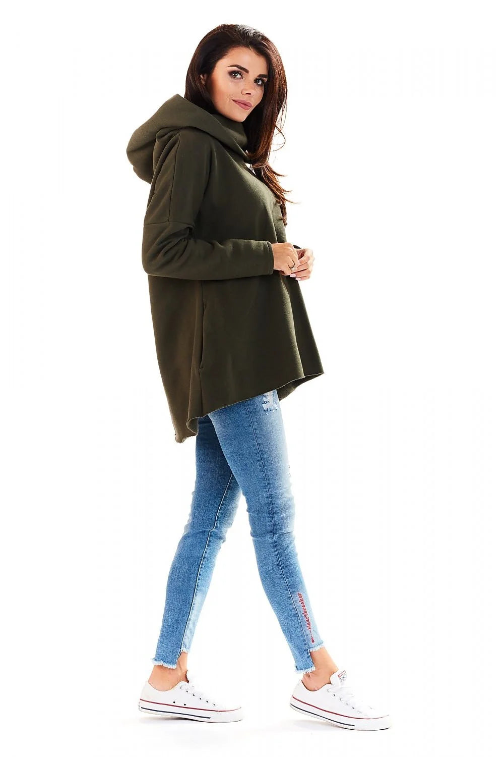 Sweatshirt femme coton ample décontracté capuche large manches longues vert kaki pour style moderne