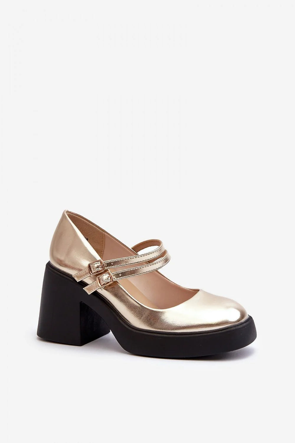 escarpins dorés cuir artificiel métallisé talon bloc 8cm plateforme 2cm bout rond brides réglables boucles dorées semelle caoutchouc confortable rétro