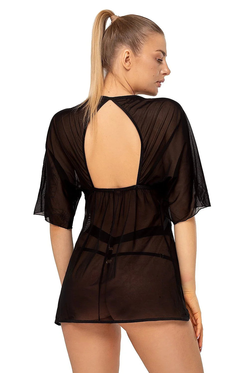 Peignoir en tulle noir transparent sexy manches courtes anneau décoratif pour soirs glamour intimes