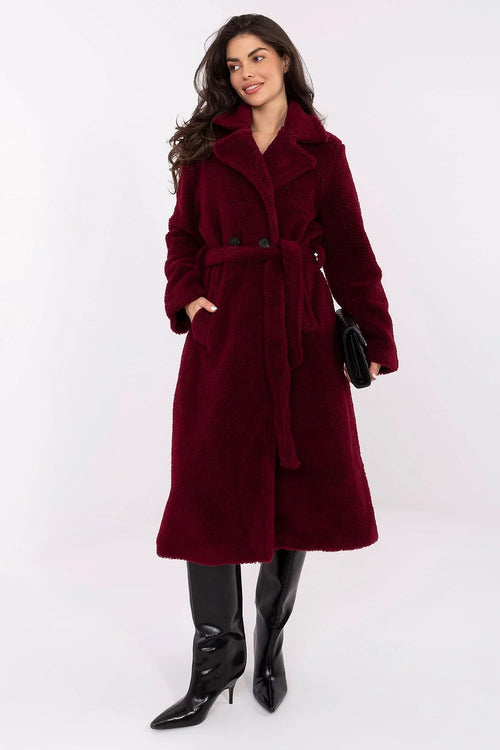 manteau femme teddy mouton fausse fourrure bordeaux col large revers ceinturé poches boutons doublure polyester manches longues léger confortable