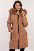 Manteau d'hiver pour femme moderne élégant mi-long rembourré fourrure amovible capuche polyester camel noir