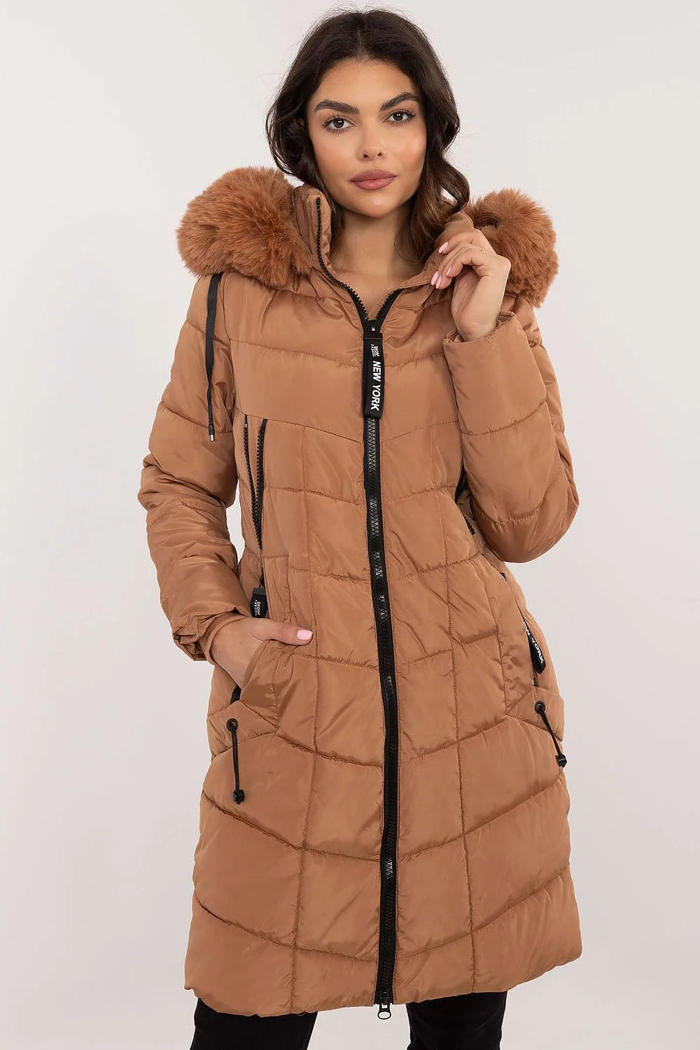 Manteau d'hiver pour femme moderne élégant mi-long rembourré fourrure amovible capuche polyester camel noir