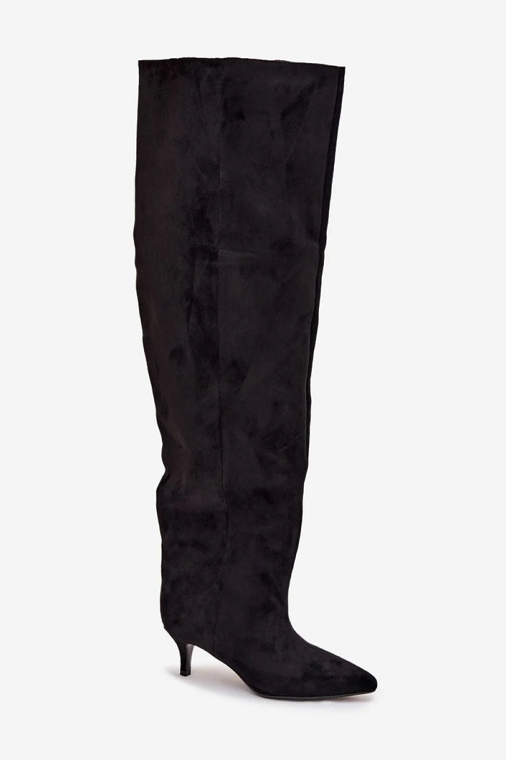 cuissardes femme suédine écologique noir tige haute slouchy slipon facile ajustée confortable bout pointu talon kitten 6cm finition velours soyeux