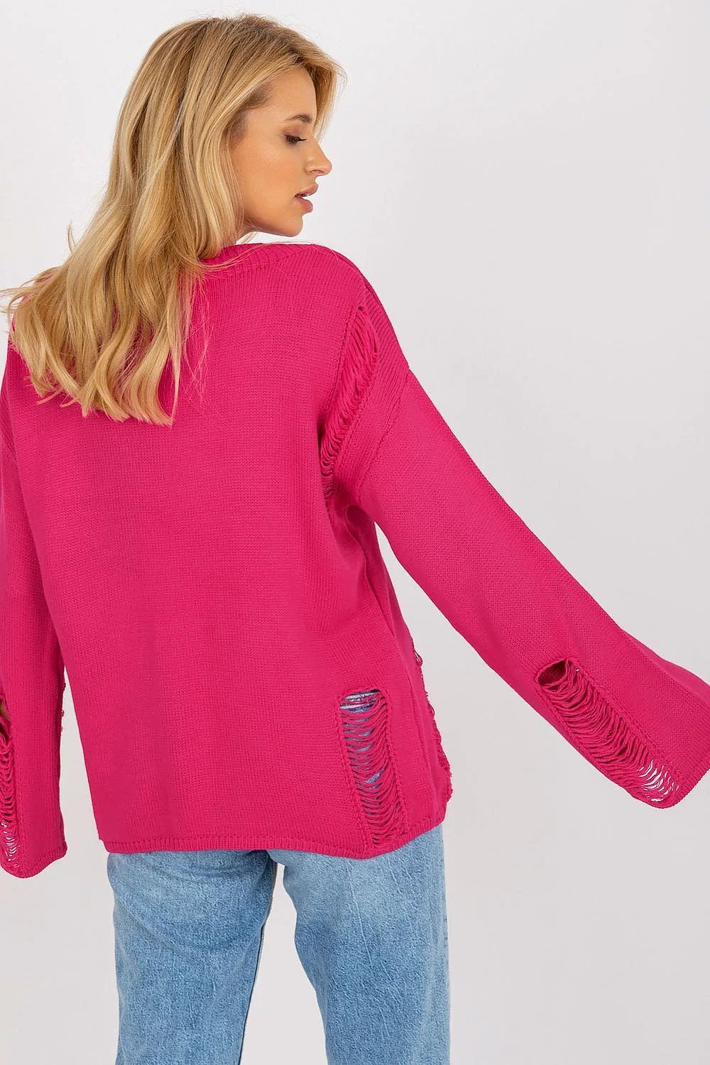 Pull décontracté pour femmes en maille rose vif effet déchiré manches longues style urbain