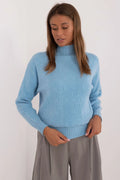 Pullover femme élégant bleu pastel col roulé motif géométrique manches longues coupe ajustée en laine douce et confortable