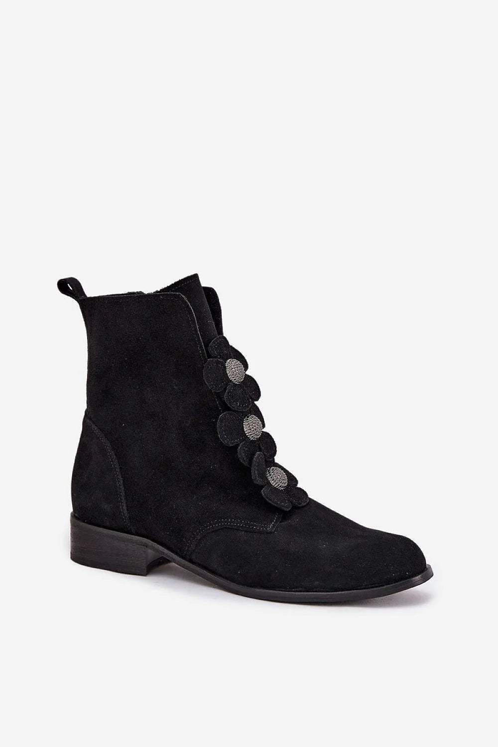 bottines suède noir femme cheville western chic bout pointu talon bas carré zippé semelle caoutchouc appliqués floraux ornés strassés confortables