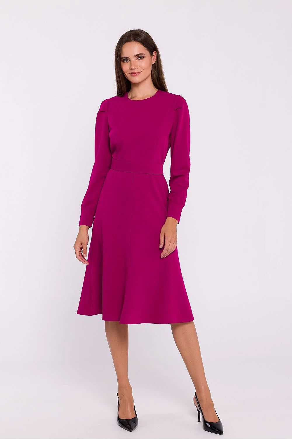 Robe de jour Stylove midi évasée manches longues encolure ronde ceinture intégrée fuchsia polyester mélange matières femmes élégante polyvalente occasionnels