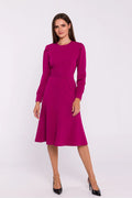 Robe de jour Stylove midi évasée manches longues encolure ronde ceinture intégrée fuchsia polyester mélange matières femmes élégante polyvalente occasionnels