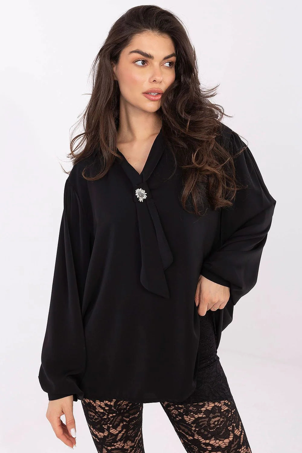 chemisier élégant quotidien travail occasions minimaliste féminin polyester léger fluide coupe allongée manches bouffantes décolleté V laçage broche amovible