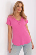 T-shirt femme court manches courtes rose vif col V boutons décontracté style classique mode été 2023