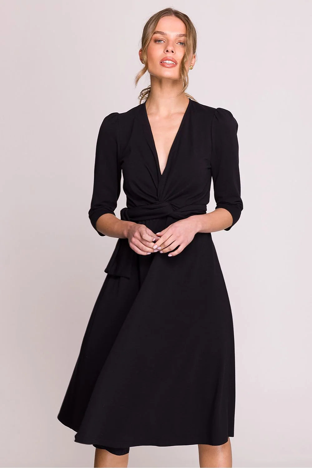 Robe de jour élégante en modal confortable décolleté en V ceinture taille ajustable manches 3/4 longueur classique femme