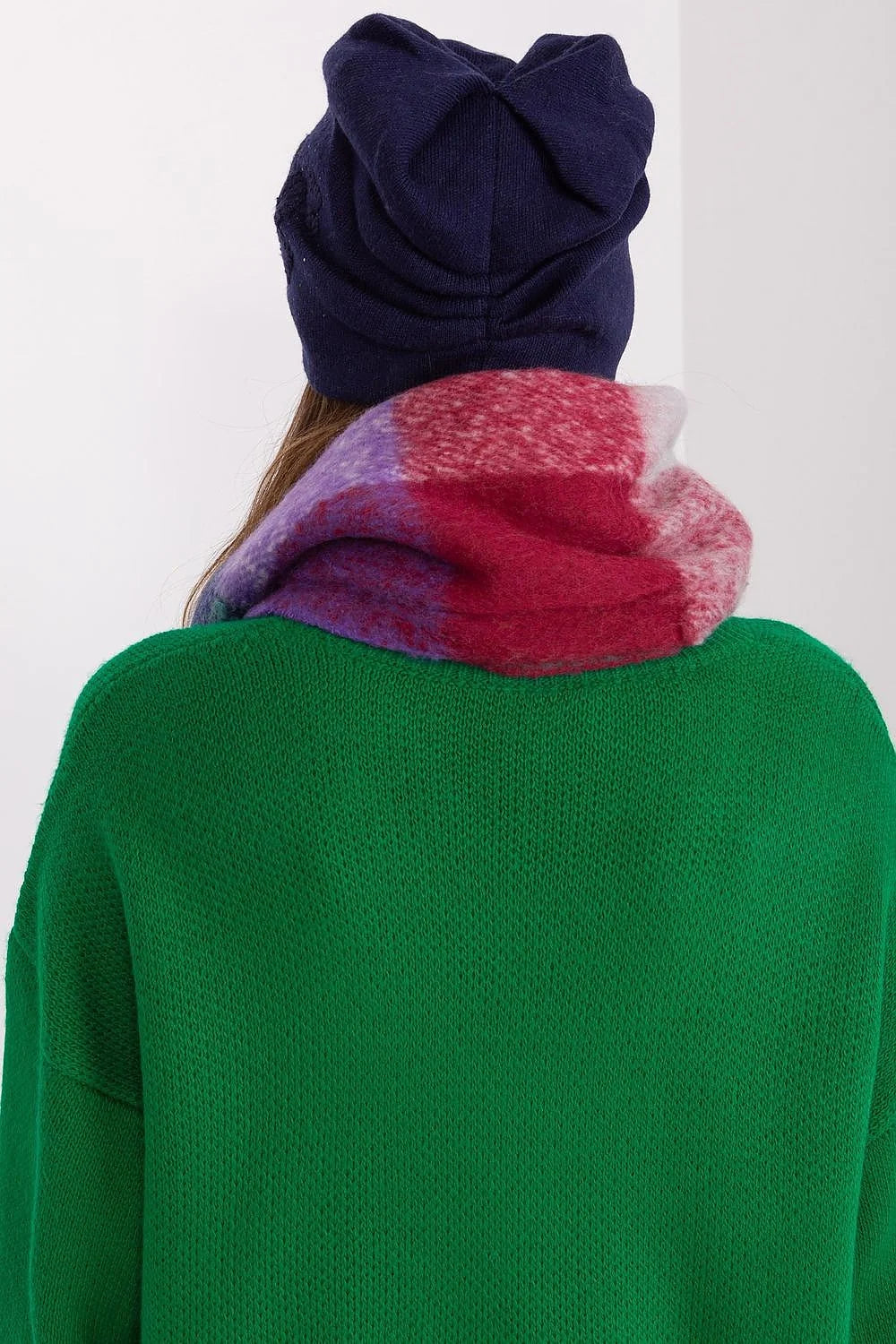 Ensemble hiver femme bonnet écharpe pull coordonné cachemire laine acrylique bleu marine vert floral carreaux franges
