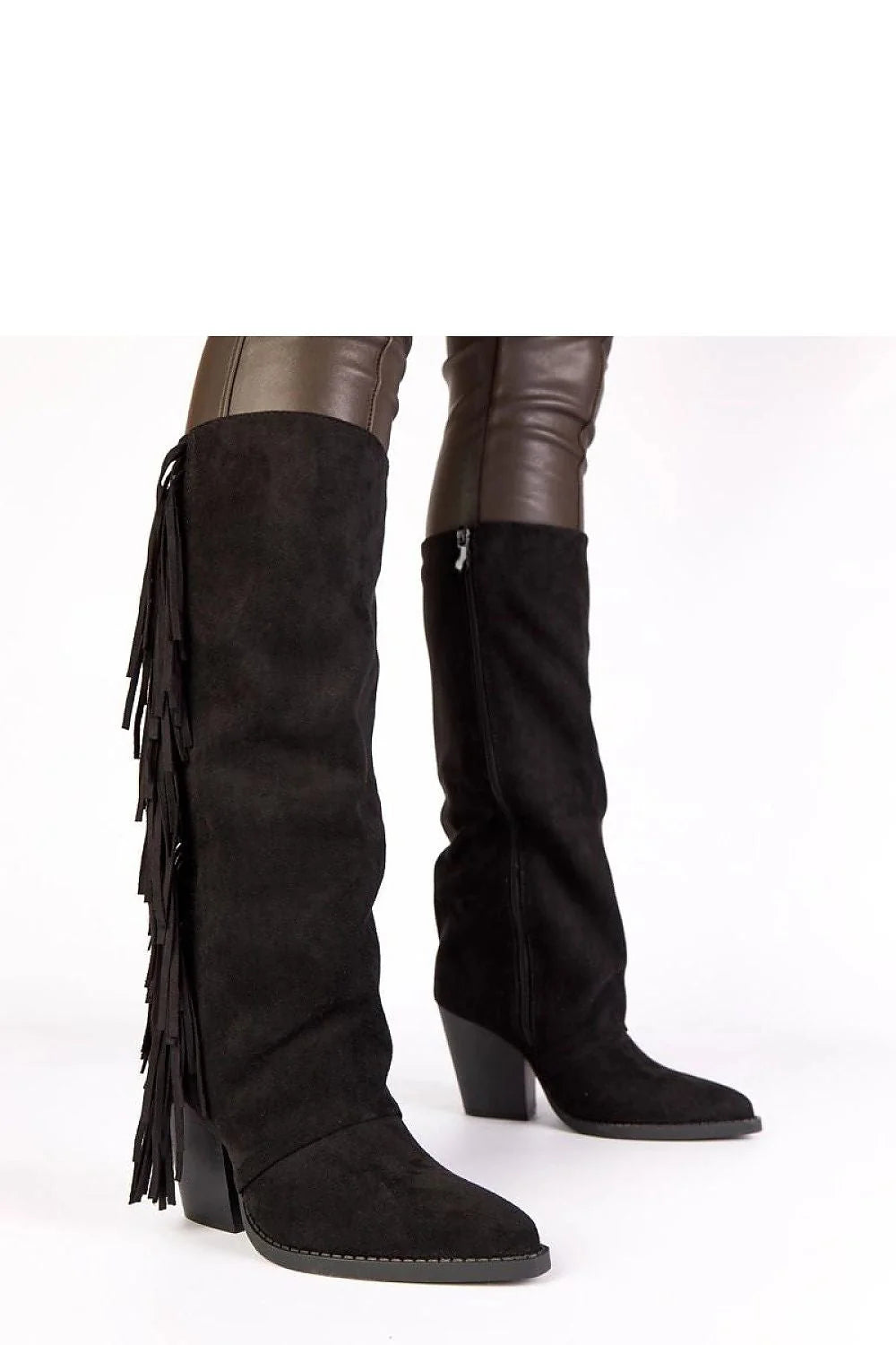 bottines noires suède cuir frangées western cowboy tige genou talon bloc moyen confortables semelle cousue antidérapante élégantes