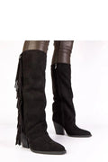 bottines noires suède cuir frangées western cowboy tige genou talon bloc moyen confortables semelle cousue antidérapante élégantes