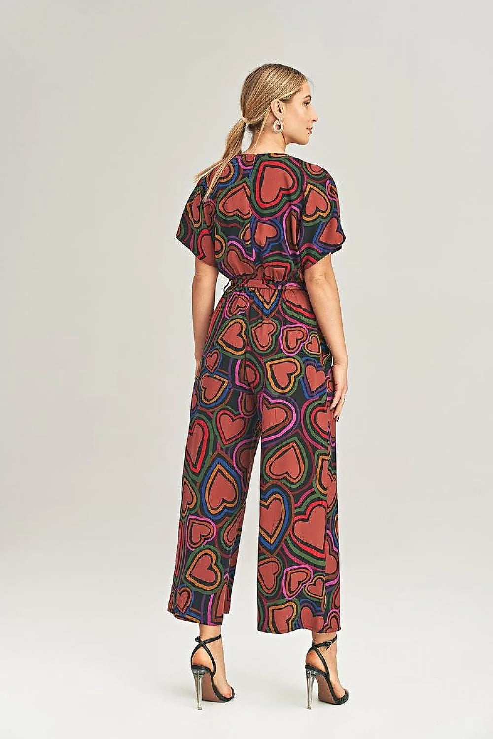 Combinaison femme moderne audacieuse imprimé cœur vibrant polyester elasthanne ample jambes larges manches courtes ceinture ajustable