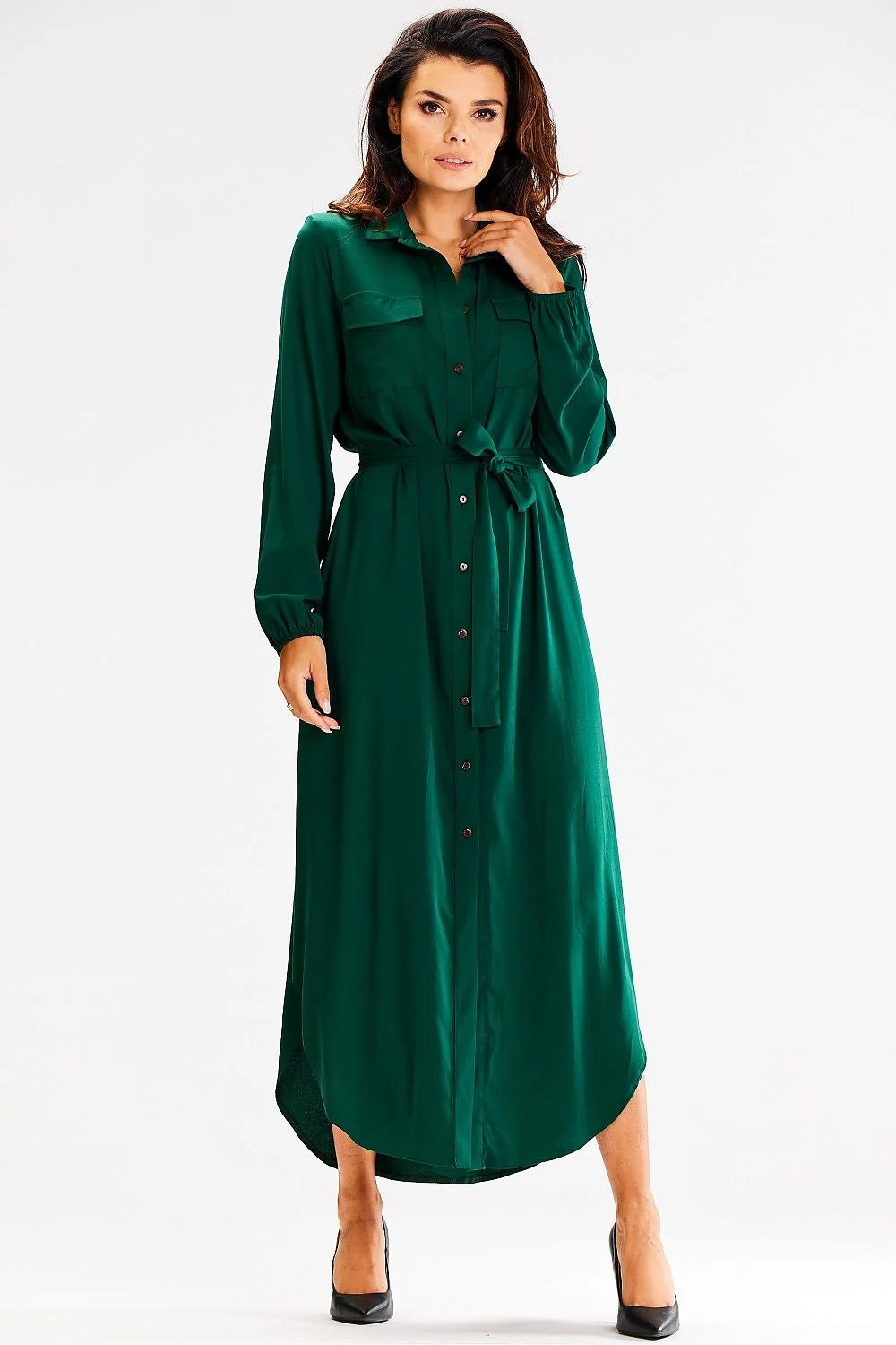 Robe de jour awama longue manches longues coupe droite ceinture poches poitrine visage élégant femme