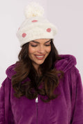 Bonnet à pompon motifs pois en laine douce veste fourrure violette pour femme hiver mode élégante