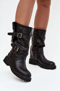 bottes cuissardes femme similicuir noir tige plissée mi mollet bout rond semelle crantée plate épaisse biker sangles boucles réglables confortables
