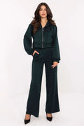 survêtement femme chic velours vert sapin strass scintillants sweat zippé capuche cordon pantalon taille haute jambes larges poches latérales