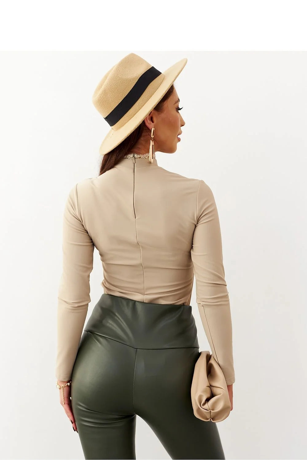 Body pour femme en élasthanne et polyamide, style moderne, col montant, manches longues, couleur beige, look sophistiqué et minimaliste