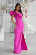 Robe de soirée élégante longue épaule asymétrique volants fuchsia femme taille ajustable robe occasion spéciale