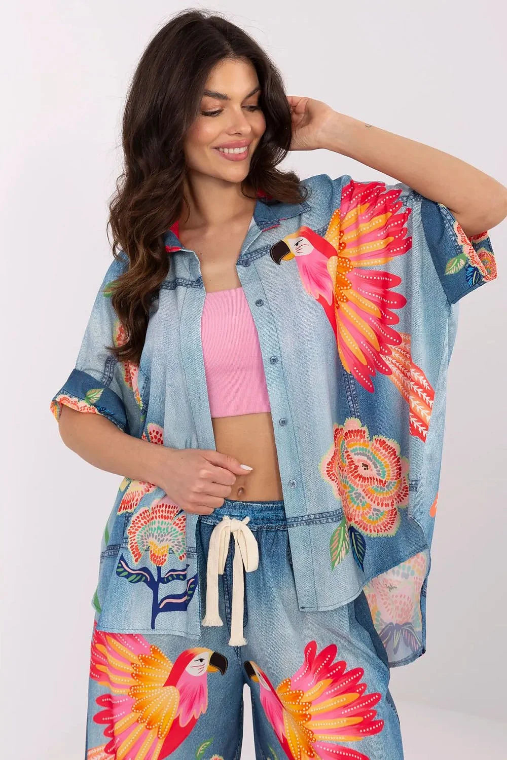 Chemise manche courte Italy Moda pour femme style audacieux motifs tropicaux coton polyester col classique manches courtes taille élastique bas assorti
