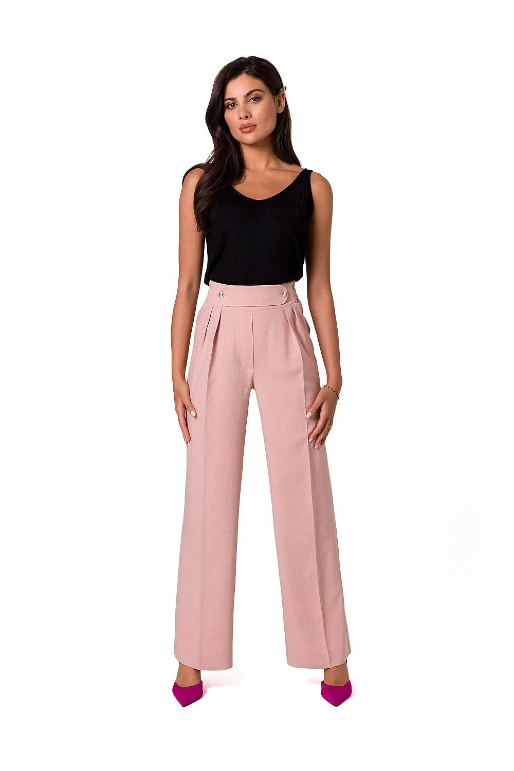 Pantalon long Be Wear en tissu léger, blanc, taille haute, coupe ample, boutons dorés, pour femmes élégantes