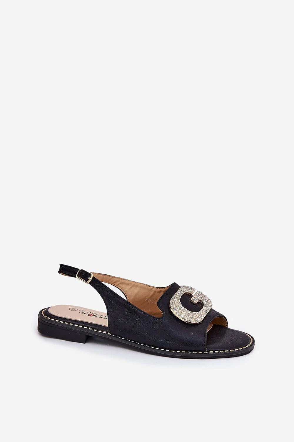 sandales femme simili cuir noires plates bout rond bride arrière élastiquée boucle logo G strass scintillants semelle surpiqûres confortables élégantes