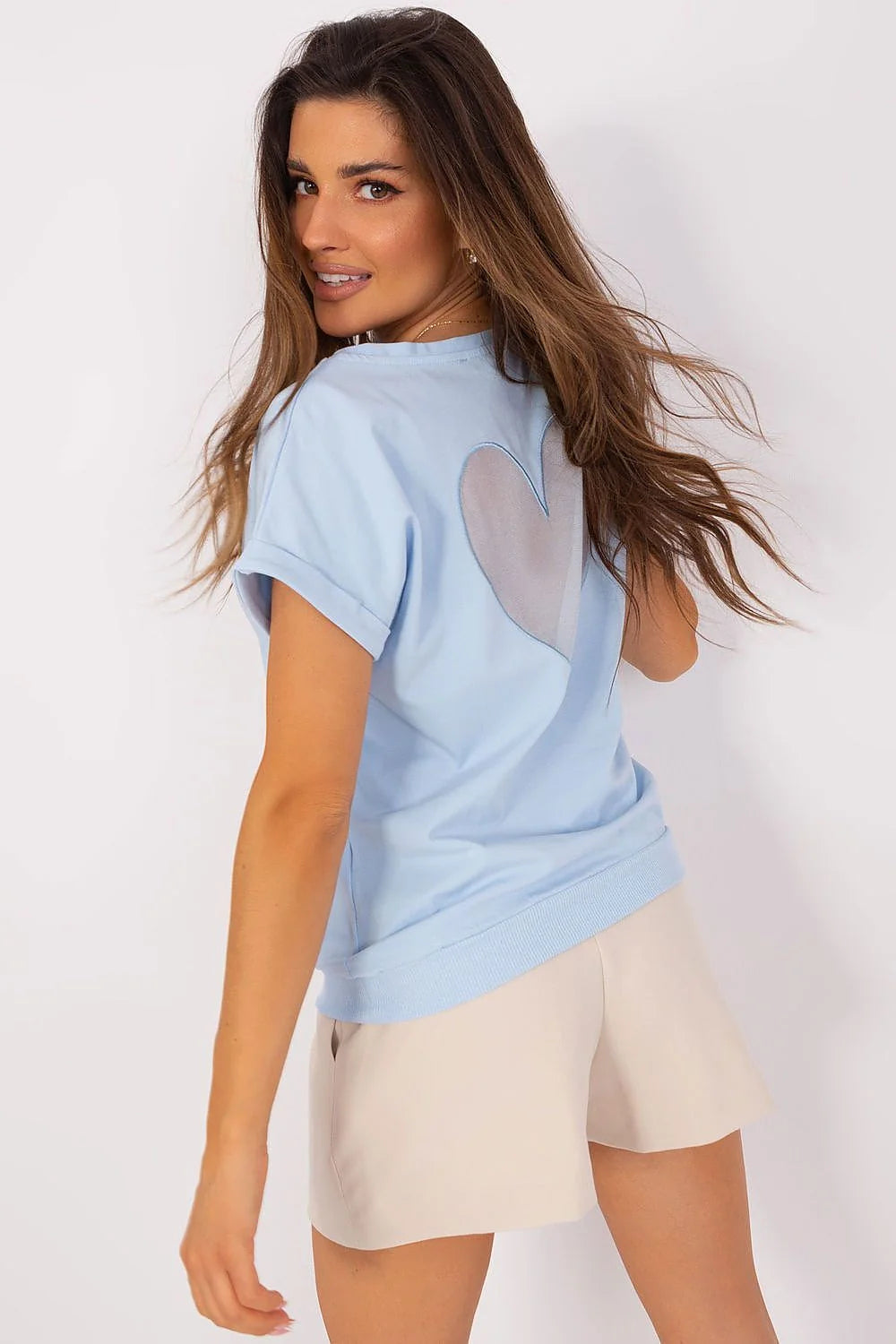 Ensemble chemisier et short Relevance, T-shirt loose manches courtes, short taille ajustée, coton 90% élasthanne 10%, bleu clair et beige, femme, look décontracté