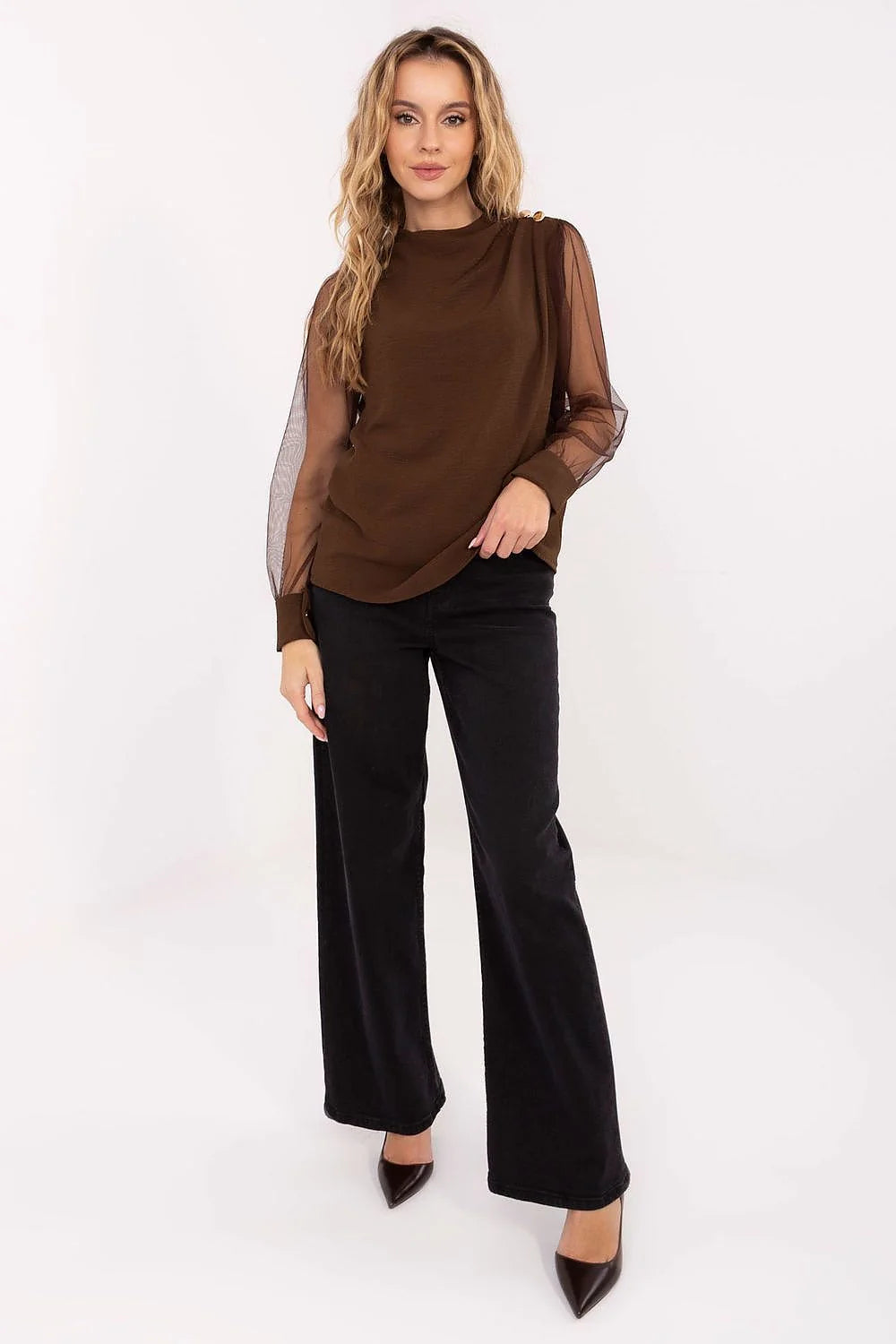 chemisier femme chocolat col montant maille fine manches longues tulle transparent bouffantes plis épaules boutons dorés droite fluide viscose