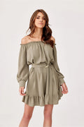 Robe de jour Roco Fashion élégante style bohème manches longues épaules nues ceinture dorée couleur kaki femmes