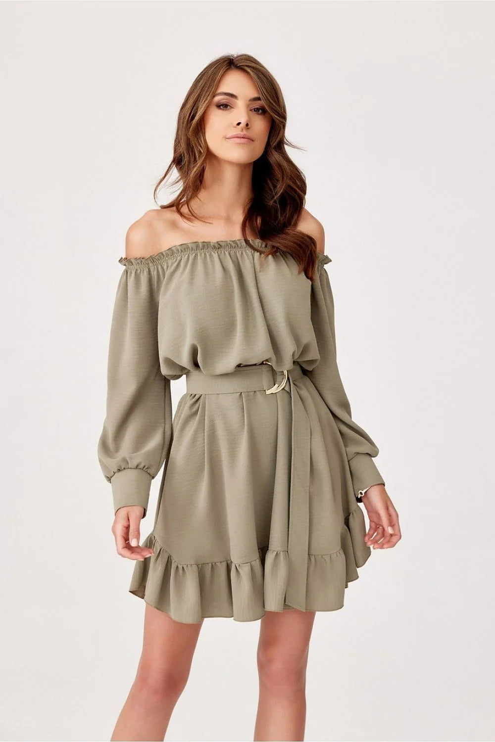 Robe de jour Roco Fashion élégante style bohème manches longues épaules nues ceinture dorée couleur kaki femmes