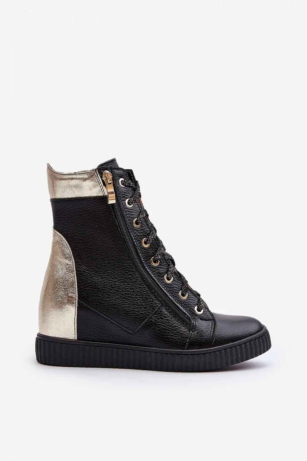 bottines femme cuir grainé noir doré empiècement arrière métallisé talon moyen plateforme crantée semelle caoutchouc lacets bicolores rembourrée