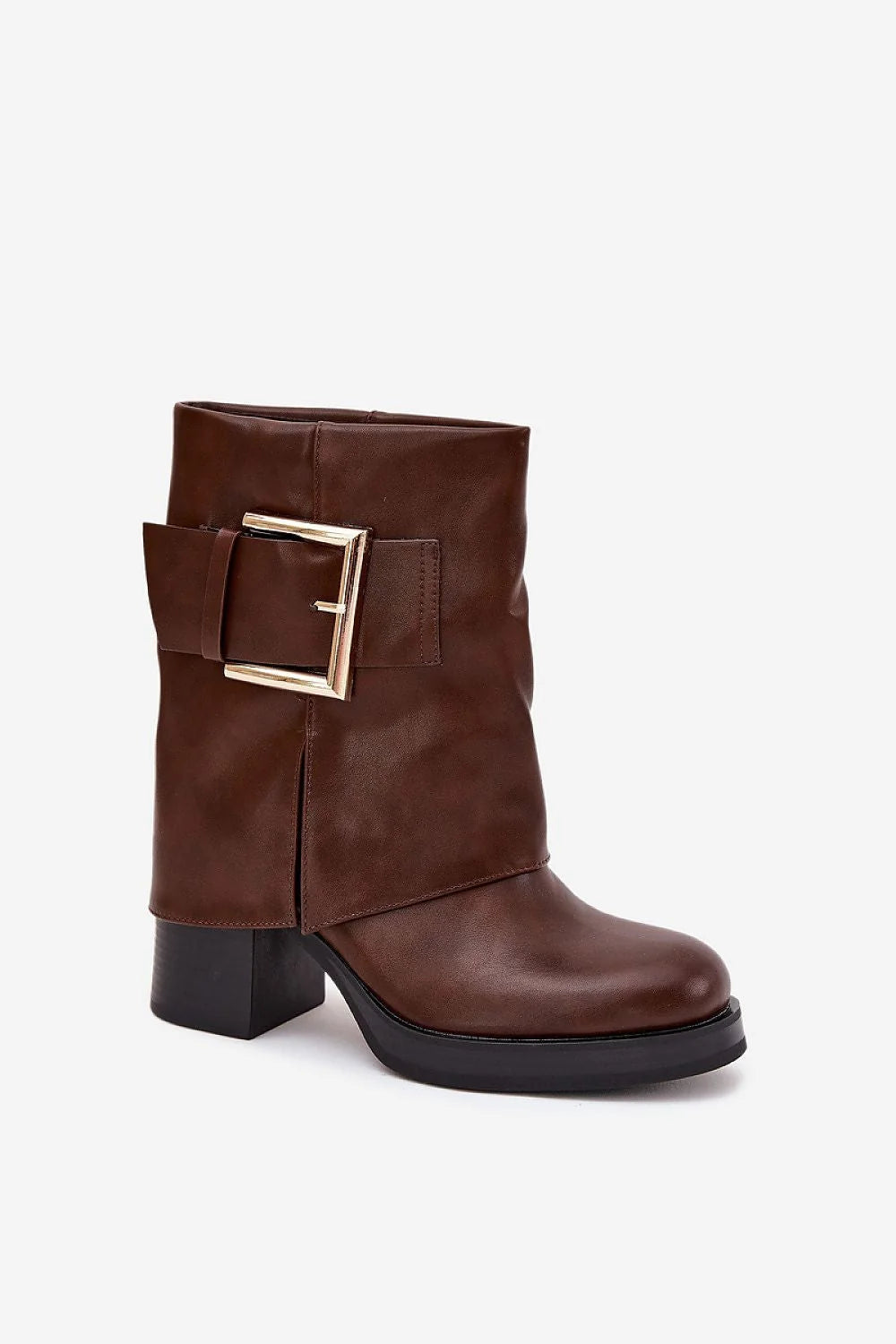 bottines femme cuir synthétique chocolat lisse talon carré hauteur 8cm plateforme noire bout rond doublure fourrure chaude confortables boucle dorée