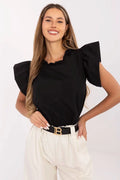 Lakerta chemisier noir coton doux manches courtes oversize encolure ronde fronces épaules volantées coupe ample boxy satinée