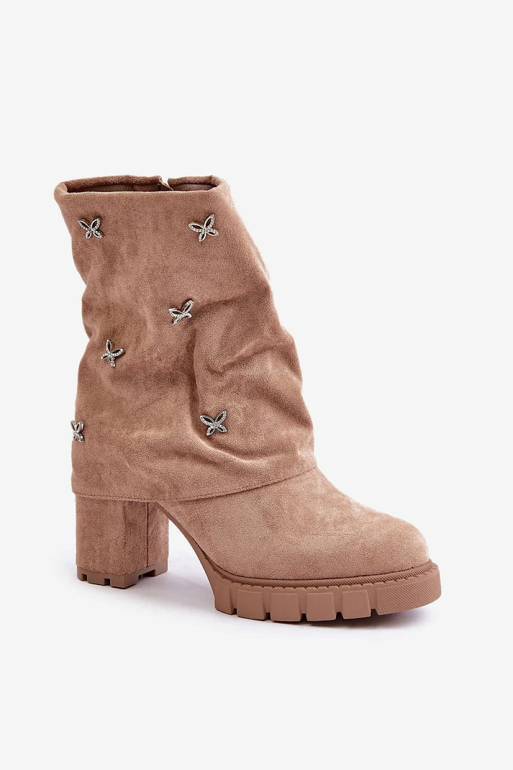 Bottines femmes suédine écologique talons épais décoration métallique automne-hiver style moderne look élégant beige taupe