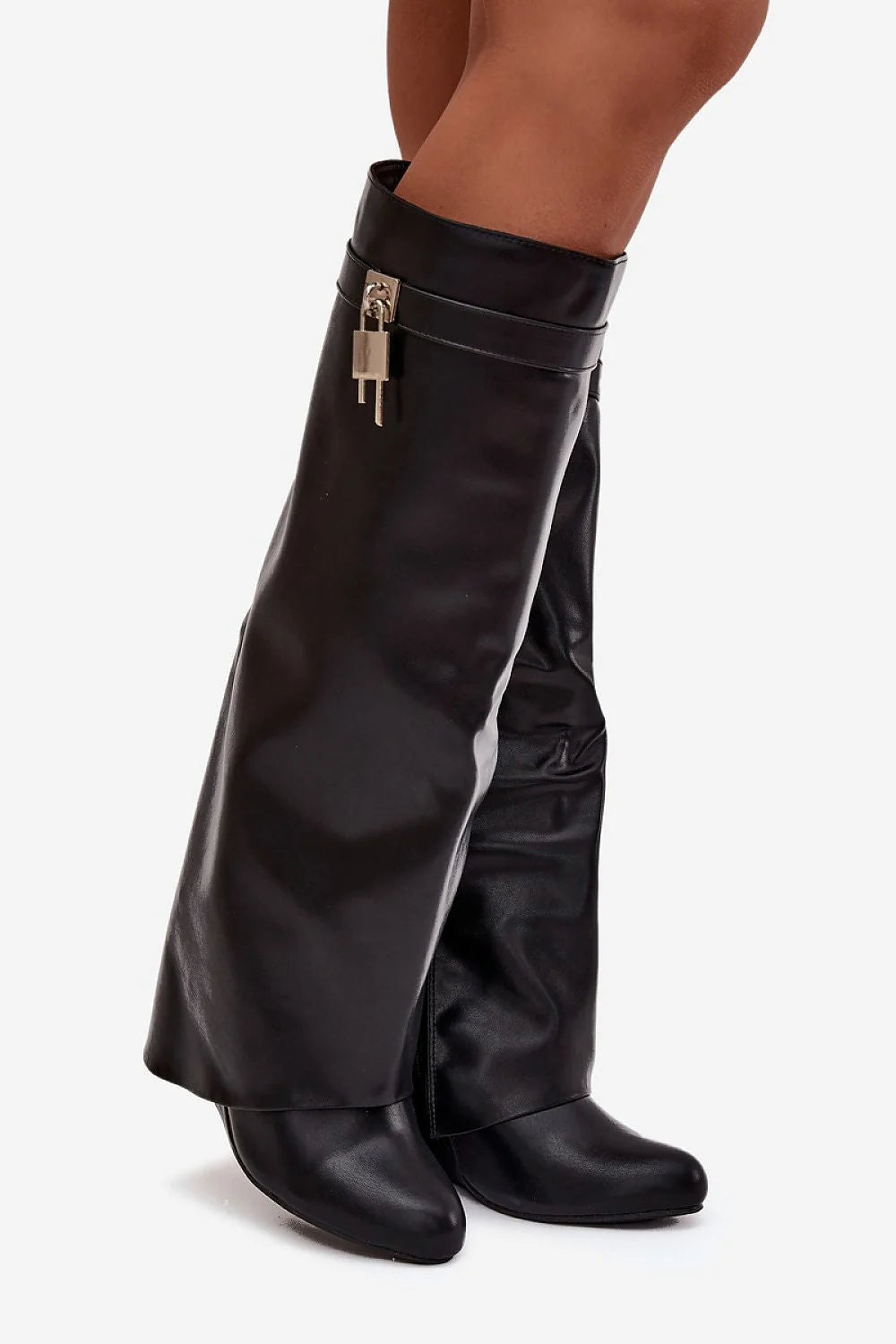 cuissardes femme similicuir suédé noir tige haute finition brillante bout amande talon compensé discret fermeture éclair sangle décorative