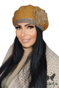béret femme Kamea moutarde laine doublé chaud élégant arrondi ample appliqué floral bord texturé maille douce taille unique